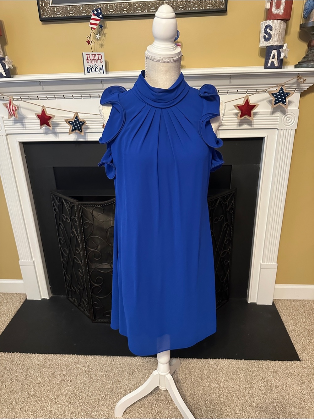 Vince Camuto Cobalt Blue Ruffle Sleeve High-Neck Shift Dress